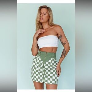 Bacio Green White Checkered Denim Short Jean Skirt